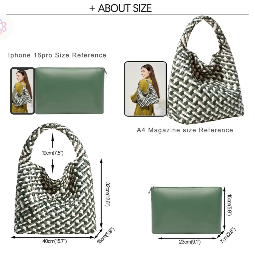 Stylish Vegan Leather Hand Woven Tote Bag Green Cream Handbag Shoulder Purse - Picture 8 of 15